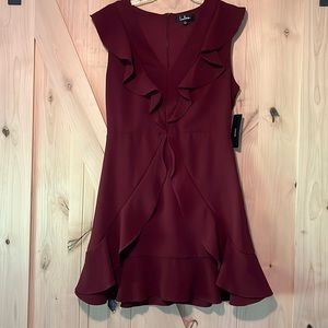 Lulus Burgundy Ruffle V Neck Dress with Zipper
